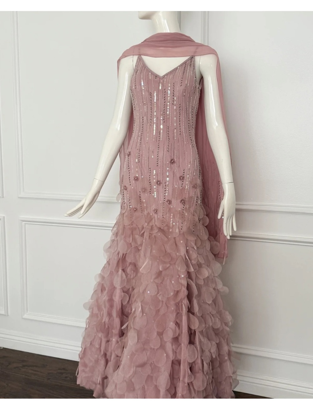 Sue Wong Designer 100% silk Pink Iridescent Beaded Gown & Scarf Ensemble